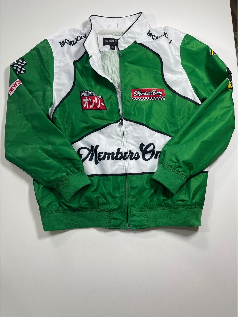 Members Only Vintage Green and White Racing Jacket with Logo